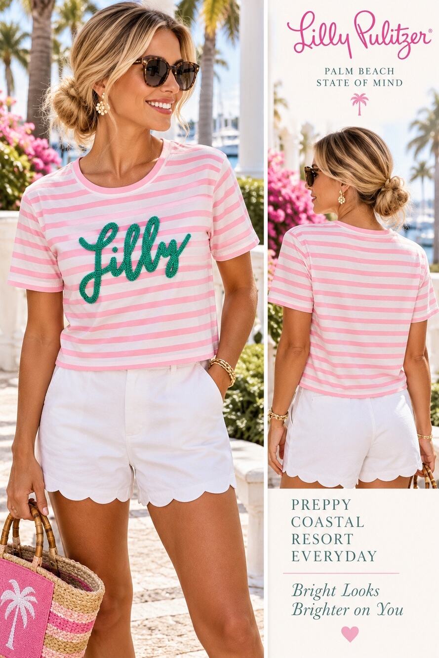 Coastal Preppy Resort Lilly Pulitzer Keenan Beaded Logo Pink Striped Top NWT M